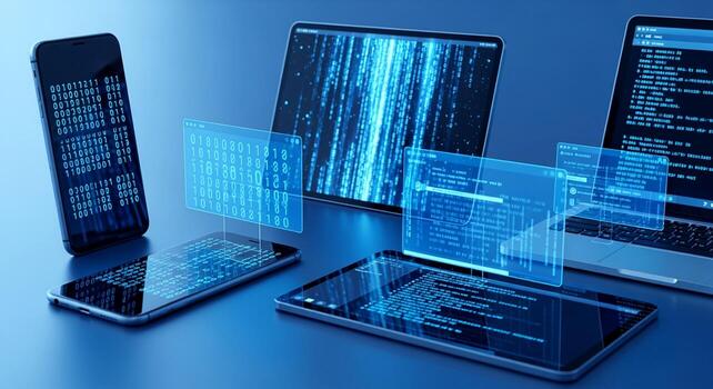 Futuristic Digital Devices Displaying Code and Data Interfaces. photo