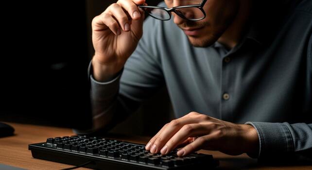 Focused Programmer Typing on Keyboard in Dark Room. photo