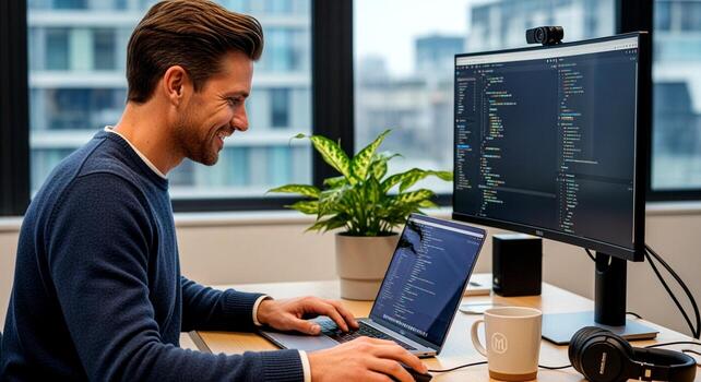 Man coding on laptop with monitor in bright office setting. photo