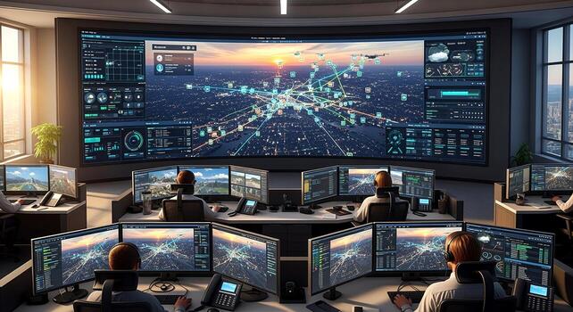 Modern Control Room with Multiple Monitors and Large Central Display Showing City Map and Data. photo
