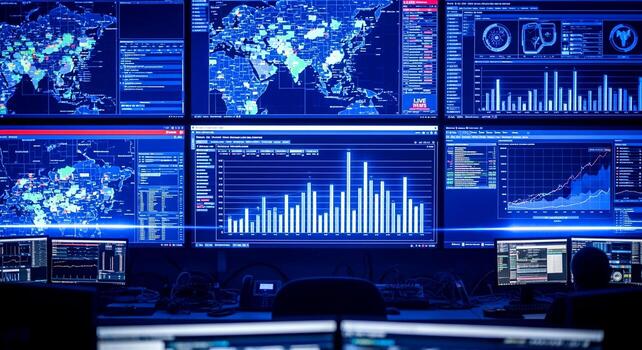 Multiple Computer Screens Displaying Data Visualizations. photo