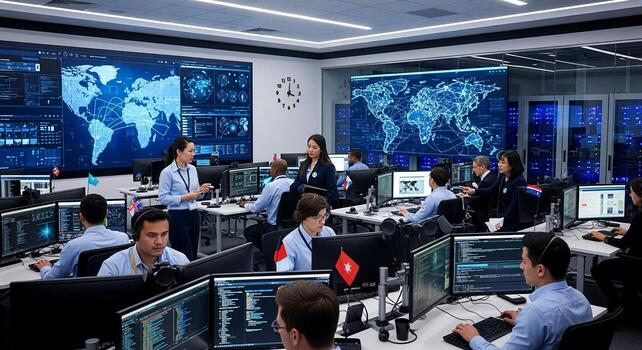 Diverse team of system security specialists working in a modern command center. photo