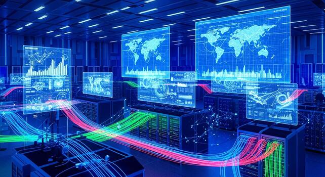 High Tech Command Center Visualizing Global Data Streams. photo