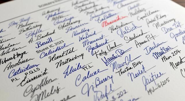 Close-up of a document filled with numerous handwritten signatures in various colors, creating a dense pattern of personal marks. photo