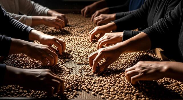 Hands sorting beans in a factory setting. photo