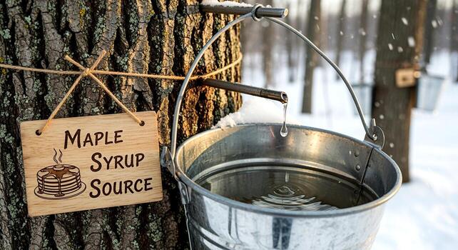 Maple Syrup Source sign on tree with sap dripping into bucket in winter. photo
