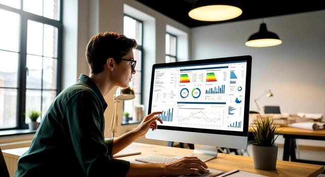 Person working on computer analyzing data in office environment. photo
