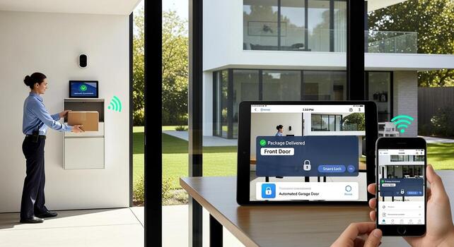 Smart home security system with delivery person and remote monitoring via tablet and smartphone. photo