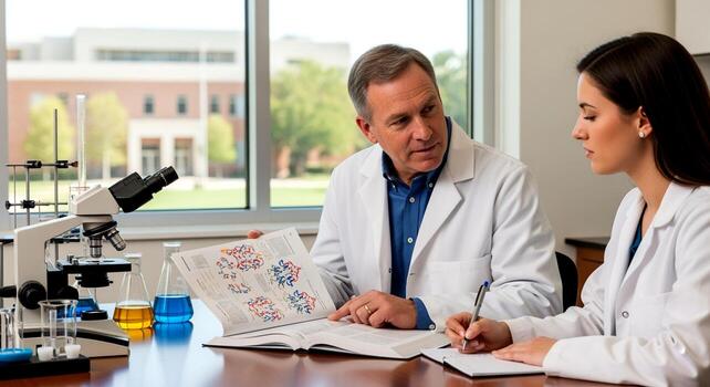 Two scientists in lab coats discussing research with a microscope and beakers on the table. photo