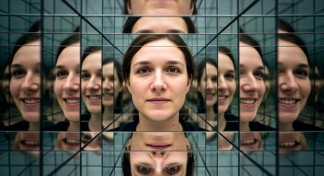 Womans face reflected in multiple mirrors, creating a kaleidoscopic and fragmented portrait. photo