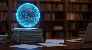 datos análisis con brillante esfera y ordenador portátil en oficina ambiente foto