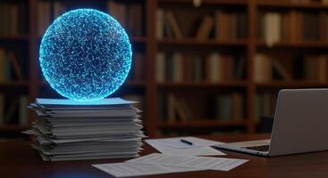 datos análisis con esfera ordenador portátil y papeleo en oscuro academia estilo foto