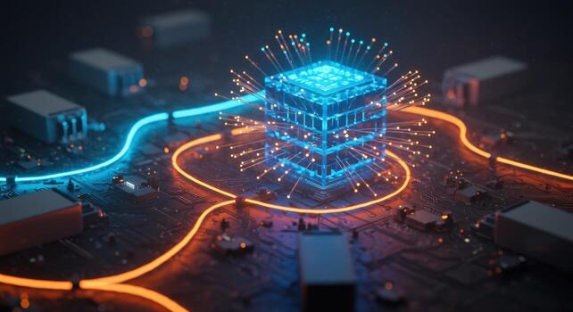 Abstract quantum computer processor core with glowing light rays connection photo