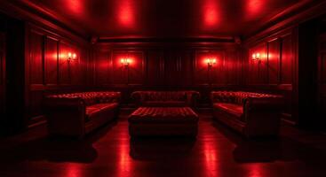 Elegant red room with leather furniture and atmospheric lighting photo