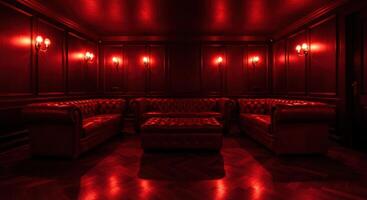 Red lit lounge room with leather furniture and elegant paneling photo