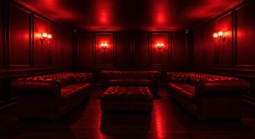Dark red lounge interior with leather seating and ambient lighting photo