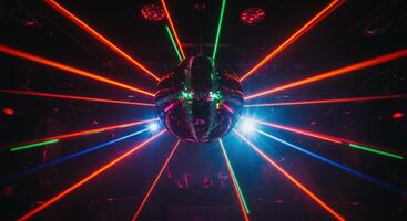 Disco ball with colorful laser beams nightclub entertainment photo