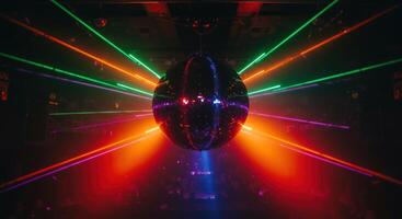 Disco ball with colorful laser light rays party celebration entertainment photo
