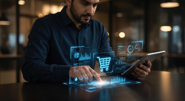 Man interact with augmented reality interface on tablet photo