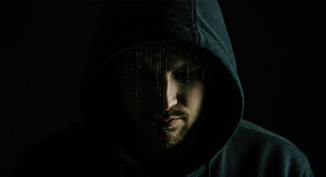 Hacker in hood with digital code overlay for cybersecurity concept photo