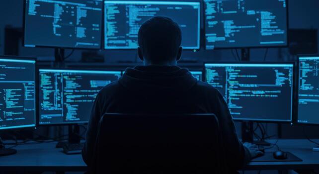 persona trabajando a múltiple computadora pantallas con código foto