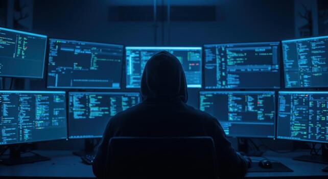 Person in hood working at multiple computer screens with code photo