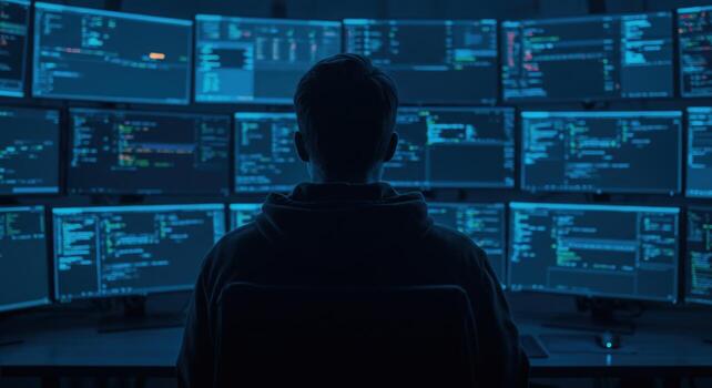 Person in front of multiple computer screens analyzing data photo