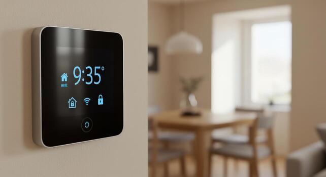 inteligente hogar automatización sistema controlar panel interfaz mostrando temperatura y hora foto