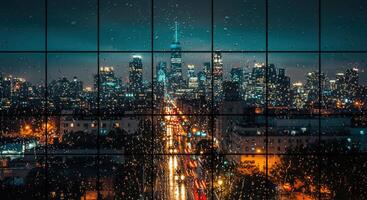 paisaje urbano horizonte mediante lluvia rayado ventana noche urbano ver foto