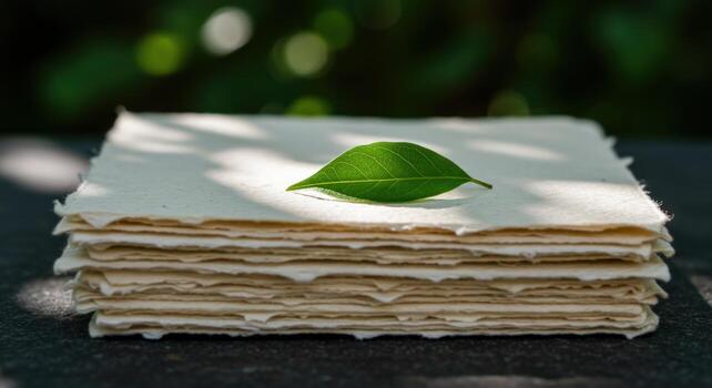 Stack of handmade paper with green leaf stationery design photo