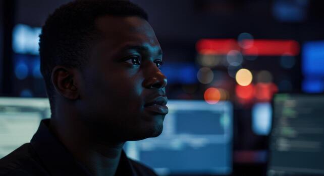 enfocado desarrollador trabajando en computadora código en oscuro oficina a noche foto