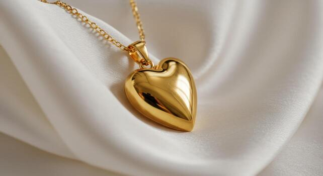 Elegant golden heart pendant necklace on white silk photo