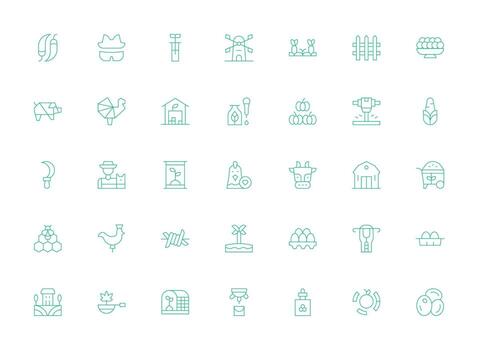 Farm Design Icons featuring 35 in Light Line Style Simple Icons for Interface and Wireframes vector
