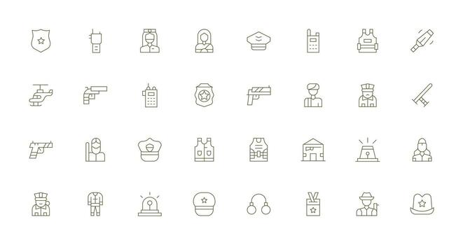 policía diseño íconos presentando 32 en Delgado línea estilo simplificado icono paquete para visual herramientas vector