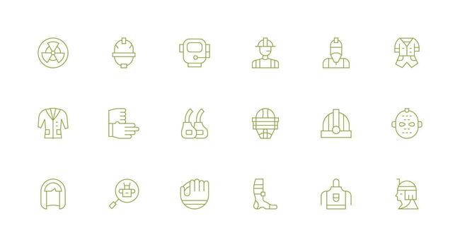 Protective Gear Design Icons featuring 18 in Minimal Line Style Full Icon Library for UI Designers vector