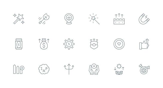 aumentar presentando 18 íconos en mínimo línea diseño organizado glifo íconos para rápido diseño vector