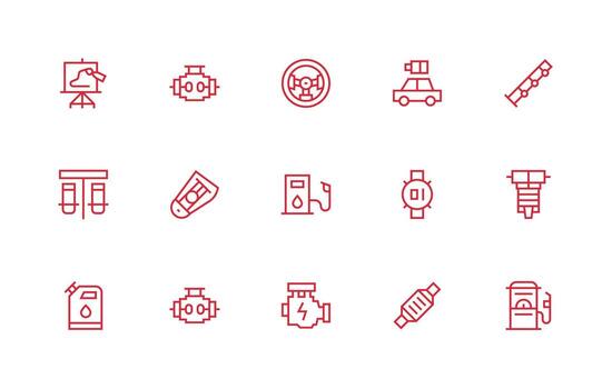 Motor Design Icons featuring 15 in Regular Line Style Pixel Perfect Icons for Modern Apps vector