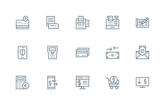 Payment Processing Icon Collection with 15 Regular Line Designs Minimal Icon Set for Interface Projects vector
