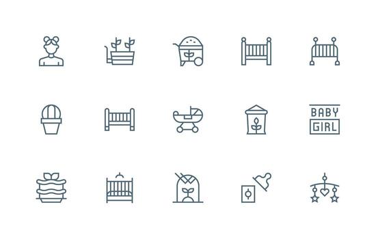 Nursery featuring 15 Icons in Regular Line Design Essential Icon Collection vector