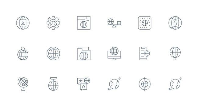 18 Minimal Line Style Icons from Internationalization Collection Complete Icon Set for Mobile Apps vector