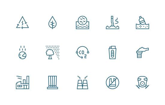 Pollution Design Icons featuring 15 in Regular Line Style Organized Pack for Project Assets vector