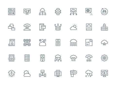 Cloud Design Icons featuring 35 in Regular Clean Line Style Reusable Icon Set vector