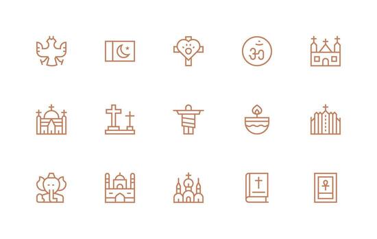 Religion Design Icons featuring 15 in Regular Line Style Essential Icon Set for Teams vector