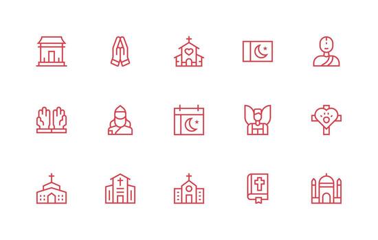 15 Regular Line Icons for Worship Graphics Icon Set for Apps vector