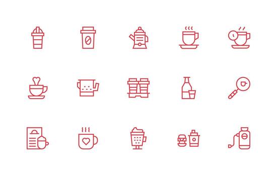 Coffee Design Icons featuring 15 in Regular Line Style Multi-Style Icons for Creative Projects vector