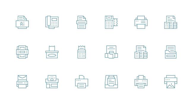 18 íconos para impresora en mínimo línea formato flexible icono sistema para web interfaces vector