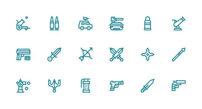 18 Strong Stroke Line Style Icons from Weapon Collection UI and UX Focused Icon Collection vector