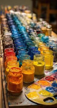 A table with many paint jars and paint brushes photo