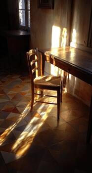 A chair sitting in front of a table photo