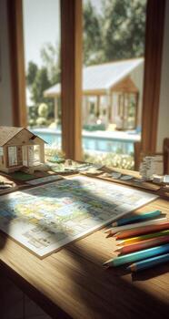 A table with a map, pencils, and a house photo